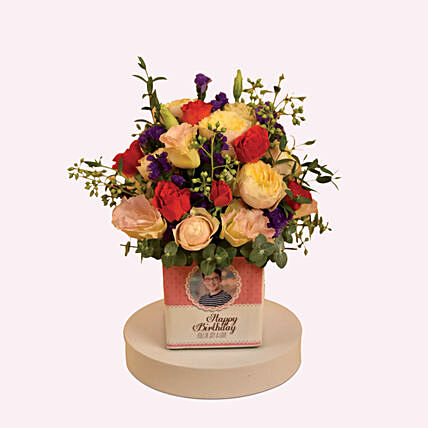 Comely Spray Roses in square Personalised Glass Vase