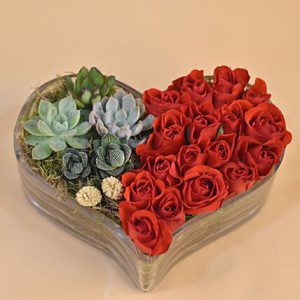 Red Roses & Succulents Heart Shaped Vase