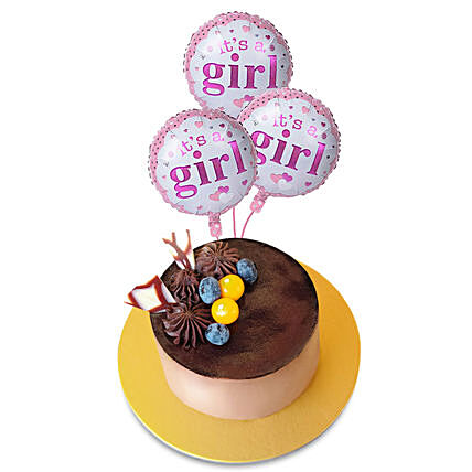 Tempting Chocolate Cake With It's A Girl Balloons Set