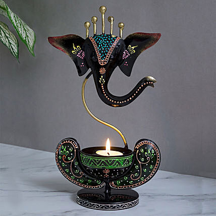 Multicolor Iron Ganesha Tea Light Candle Stand